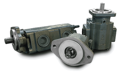 Set of three hydraulic gear pumps, painted green, shown in a product catalog